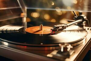 Vintage record player with vinyl disc on table in room. Generative AI photo