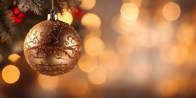 Navidad árbol con chuchería en borroso brillante antecedentes. generativo ai foto