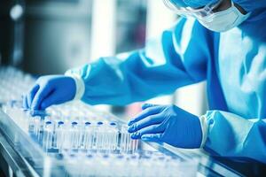 Man, who wears surgical gloves, places the sample into antigen diagnostic test device. Generative AI photo