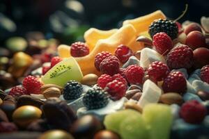 Concept of low calories delicious snacks. Fruits and berries. Generative AI photo