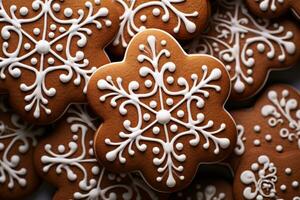 Gingerbread cookie pattern with icing details. Generative AI photo