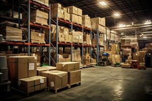 Interior of a warehouse storage with pallet truck near shelves. Generative AI photo