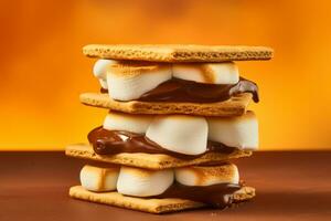 Homemade marshmallow smores with chocolate on crackers. Generative AI photo
