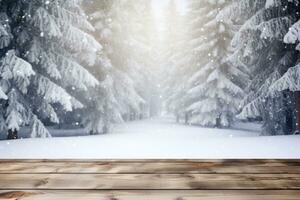 Winter scenic landscape. Wooden flooring strewn with snow in forest blurred background. Generative AI photo