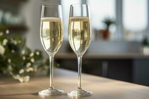 Two champagne glasses on light background. Generative AI photo