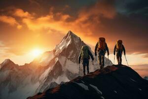 Group of hikers walking on a mountain at sunset. Beautiful mountains with snow. Active sport concept. Generative AI photo