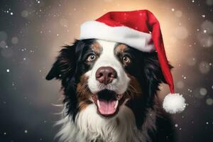 Cheerful dog is sitting in Santa Claus hat. Generative AI photo