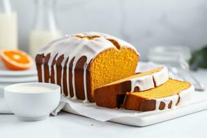 Pumpkin homemade pound cake. Loaf with icing on bright background. Generative AI photo