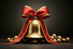 Christmas bell with red ribbon and blurred lights background. Generative AI photo