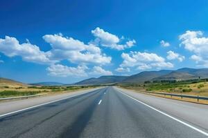 Highway and a blue sky. Asphalt road and beautiful countryside landscape. AI generated photo