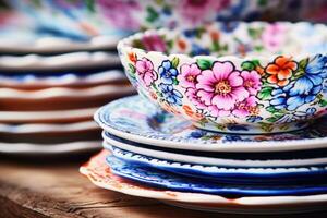 un apilar de Clásico gente floral estampado porcelana platos. generativo ai foto