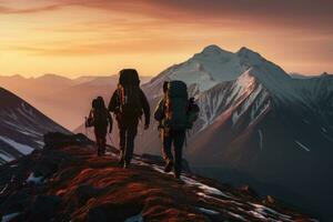 Group of hikers walking on a mountain at sunset. Beautiful mountains with snow. Active sport concept. Generative AI photo