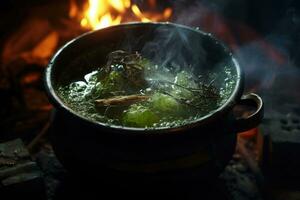 Bubbling cauldron in a dark witchs lair. AI generated photo