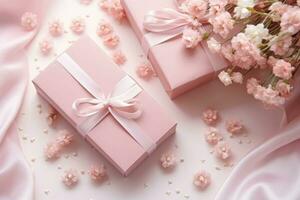 Pink gifts boxes on pink background with flowers. Generative AI photo