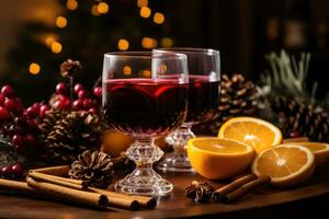 Mulled red wine with spices and citrus fruits. Traditional hot drink at Christmas time. Generative AI photo