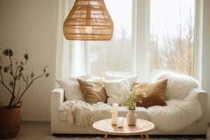 Living room in nordic minimalist bohemian style. Rattan chandelier, white sofa and small table. Generative AI photo