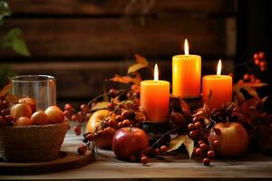 A rustic table centerpiece with candles and autumn foliages. Generative AI photo