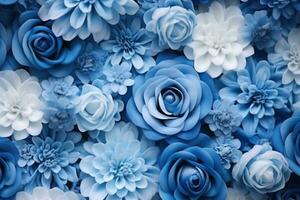 Flowers wall background. Fresh blooming flowers texture in blue colors. Generative AI photo