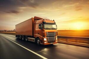 Truck with container on the highway on blurred background. Cargo transportation concept. Generative AI photo