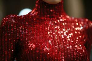 Part of red women dress. Expensive dress in sequins. Brilliant fashion look. Generative AI photo
