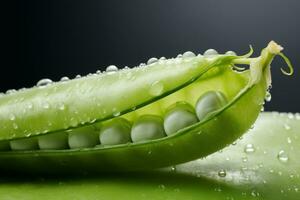 Fresh green peas. Ripe pods of green peas with water drops. Generative AI photo