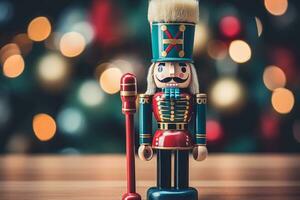 Festive nutcracker soldier with bokeh blurred background. Generative AI photo