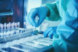 Man, who wears surgical gloves, places the sample into antigen diagnostic test device. Generative AI photo