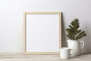 Minimal festive Christmas decor. Blank picture frame mockup with pine tree branches and cup of coffee. Generative AI photo