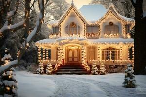 A country house decorated with a christmas light garland. Generative AI photo