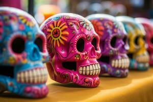 Colorful traditional mexican ceramic skulls. Generative AI photo