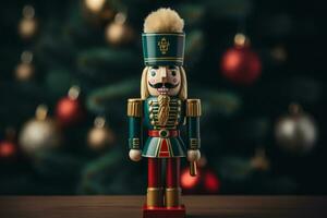 Festive nutcracker soldier with bokeh blurred background. Generative AI photo