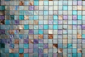 Colored glass mosaic in various squares in the silver and dark navy colors. AI generated photo