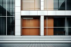 Modern minimalist home exterior. Windows and doors in white and brown colors. AI generated photo