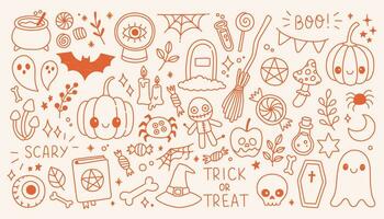 Halloween doodle elements set. Cute Halloween vector collection. Hand drawn illustration for All Saints Day pumpkin, ghost, witch hat.