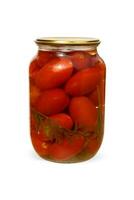 Glass jar with pickled tomatoes on a white background photo