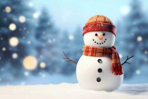 Happy snowman standing in winter christmas landscape. Snowy blurred background. Generative AI photo