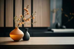 Simple minimal elegant scene with vase and flowers on deep dark background. Home staging, minimal decor concept. Generative AI photo