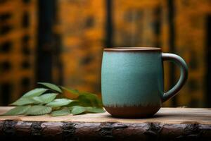 A ceramic mug in a turquoise color with natural wooden background. Generative AI photo