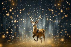 Christmas deer on bokeh lights background. Generative AI photo