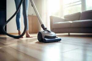 Woman using vacuum cleaner in a bright cozy room at home. Generative AI photo