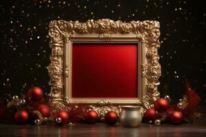 Classic Christmas decor with golden frame and red velvet fabric. Generative AI photo