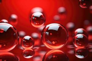 Shiny balls in different sizes on red background. Abstract glossy bubbles. Composition with chaotic floating spheres. Generative AI photo