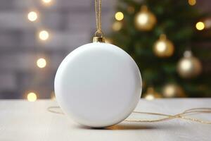 Blank empty white glossy ceramic circle tied with a metallic golden string over a rustic background and christmas lights. Generative AI photo