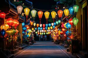 Many kind of lanterns hanging on street market. Colorful tradition lanterns in chinese style. Generative AI photo