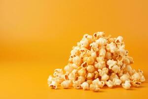 Caramel coated popcorn on a orange background. Generative AI photo
