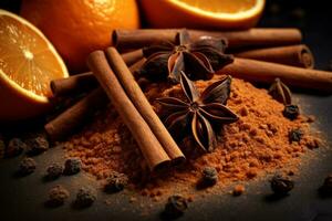 Cinnamon sticks, cloves, anise stars and citrus on dark background. Generative AI photo