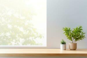 Minimalist simple office workspace with a laptop and a potted plant in soft natural light. Generative AI photo