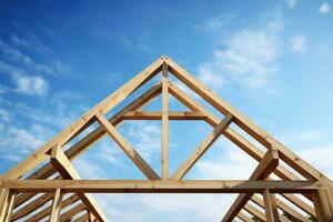 Wood roof trusses constructed with construction framing beams timber. Generative AI photo