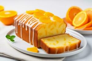 Orange homemade pound cake. Moist loaf with orange zest on bright background. Generative AI photo