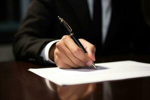 Man's hand signing a major financial contract with luxury pens. Male client putting signature at document in office. Generative AI photo